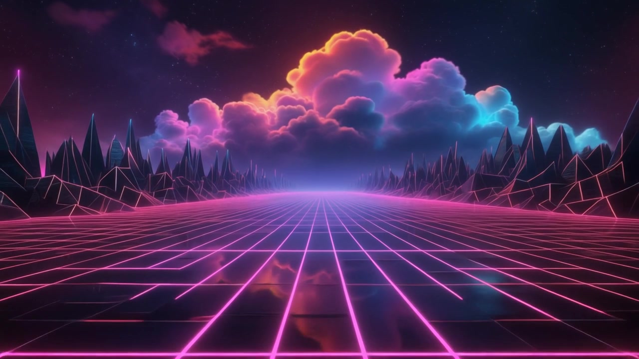 Paesaggio Retro Synthwave con Griglia al Neon Luminosa e Nuvole