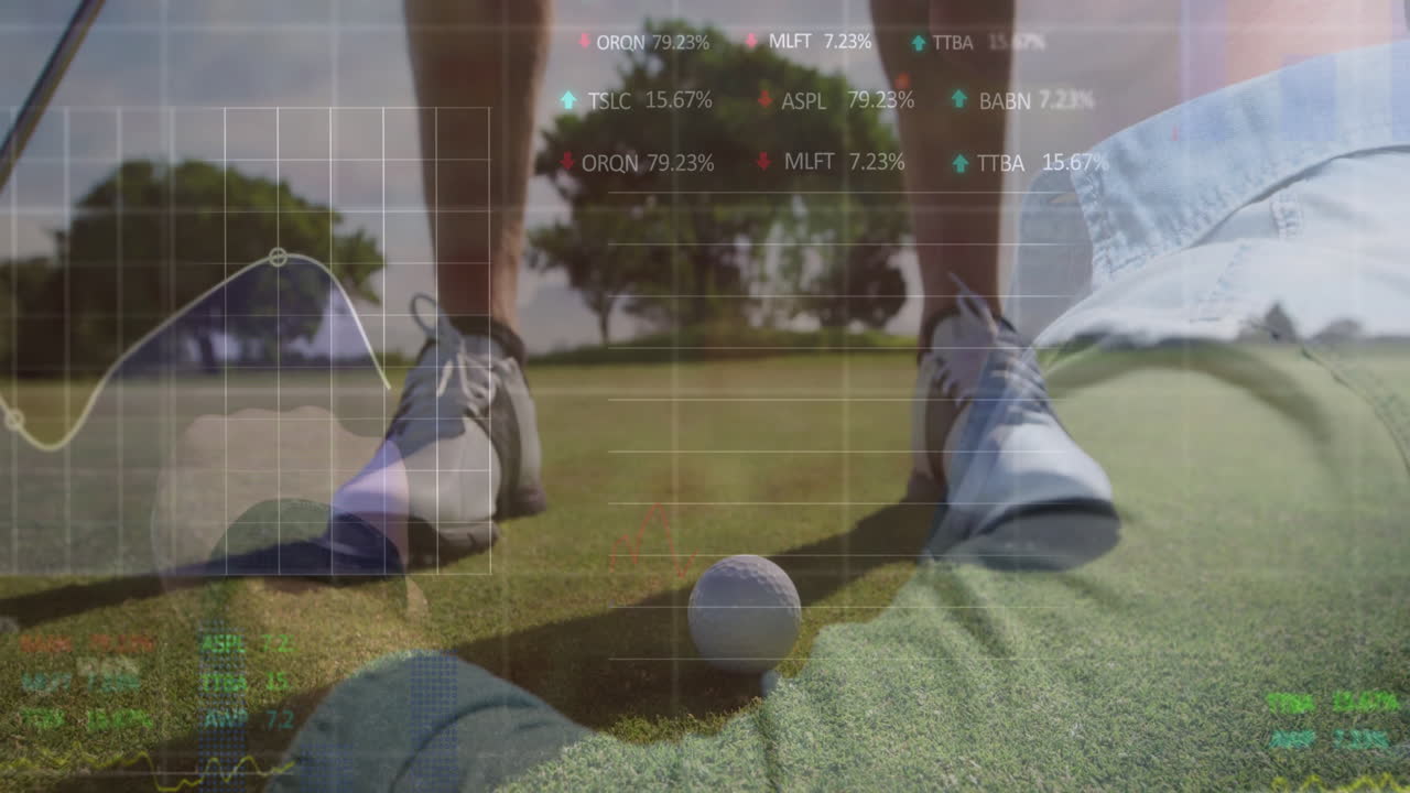Preparing to putt, golfer analyzing financial data with animation overlay