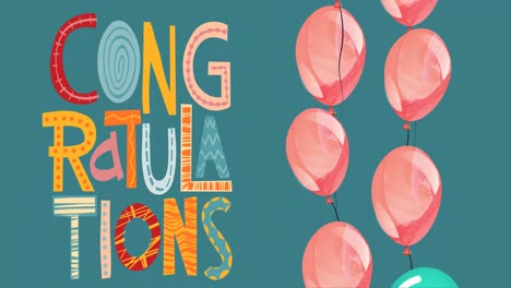 Animation-of-congratulations-text-over-colorful-balloons-on-green-background