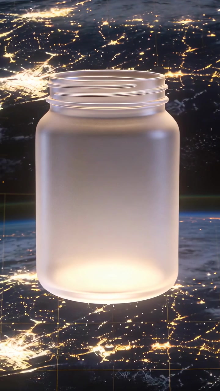 Barattolo satinato che appare nel primo fotogramma, luminoso mentre ondeggia e ruota sopra la Terra notturna, per il design.