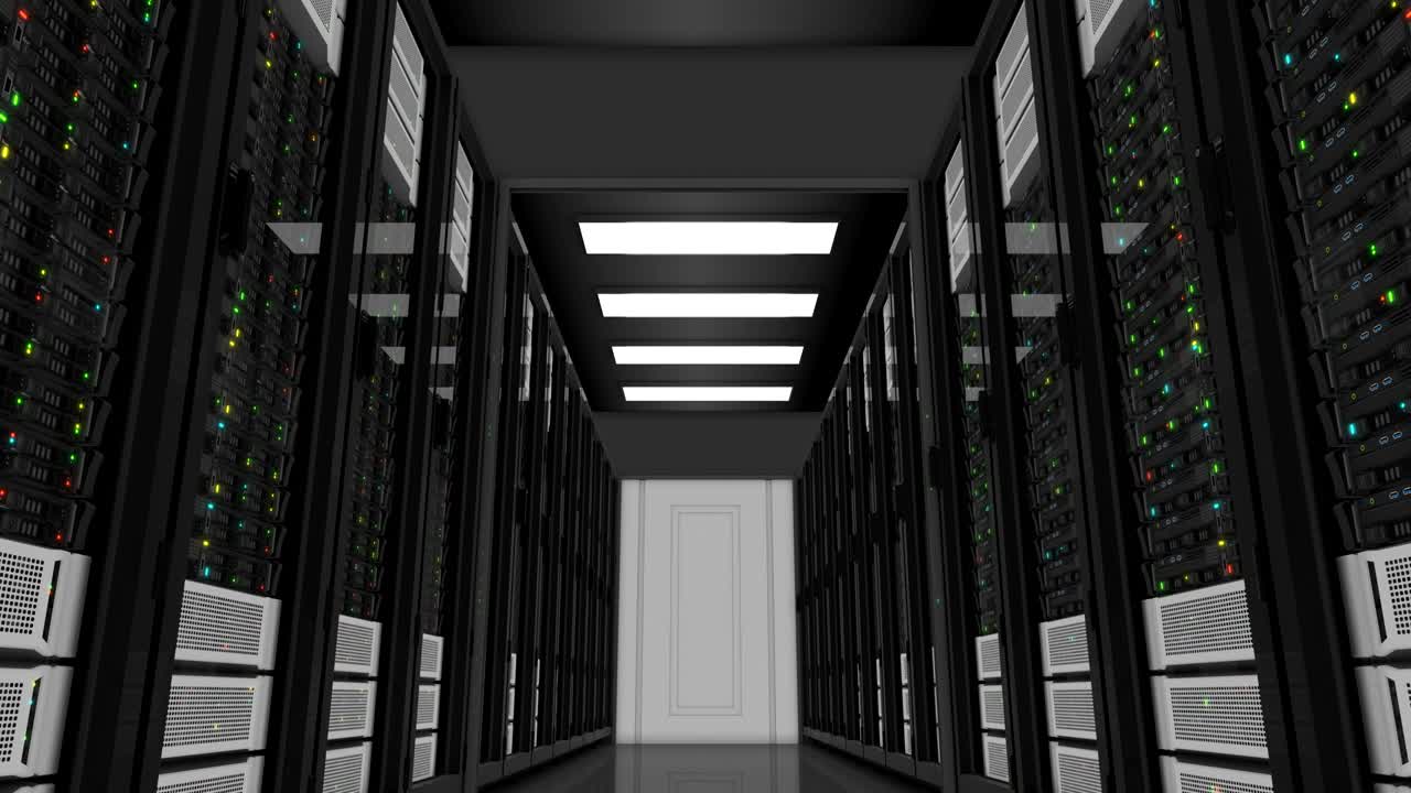 Moving Through the Working Servers in Modern Datacenter. Cloud Computing Data Storage. Complex Calculations. Looped 3d animation.