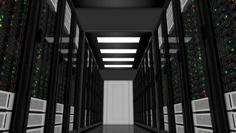 moverse a través de los servidores de trabajo en el centro de datos moderno. almacenamiento de datos de computación en la nube. cálculos complejos. animación en bucle 3d.