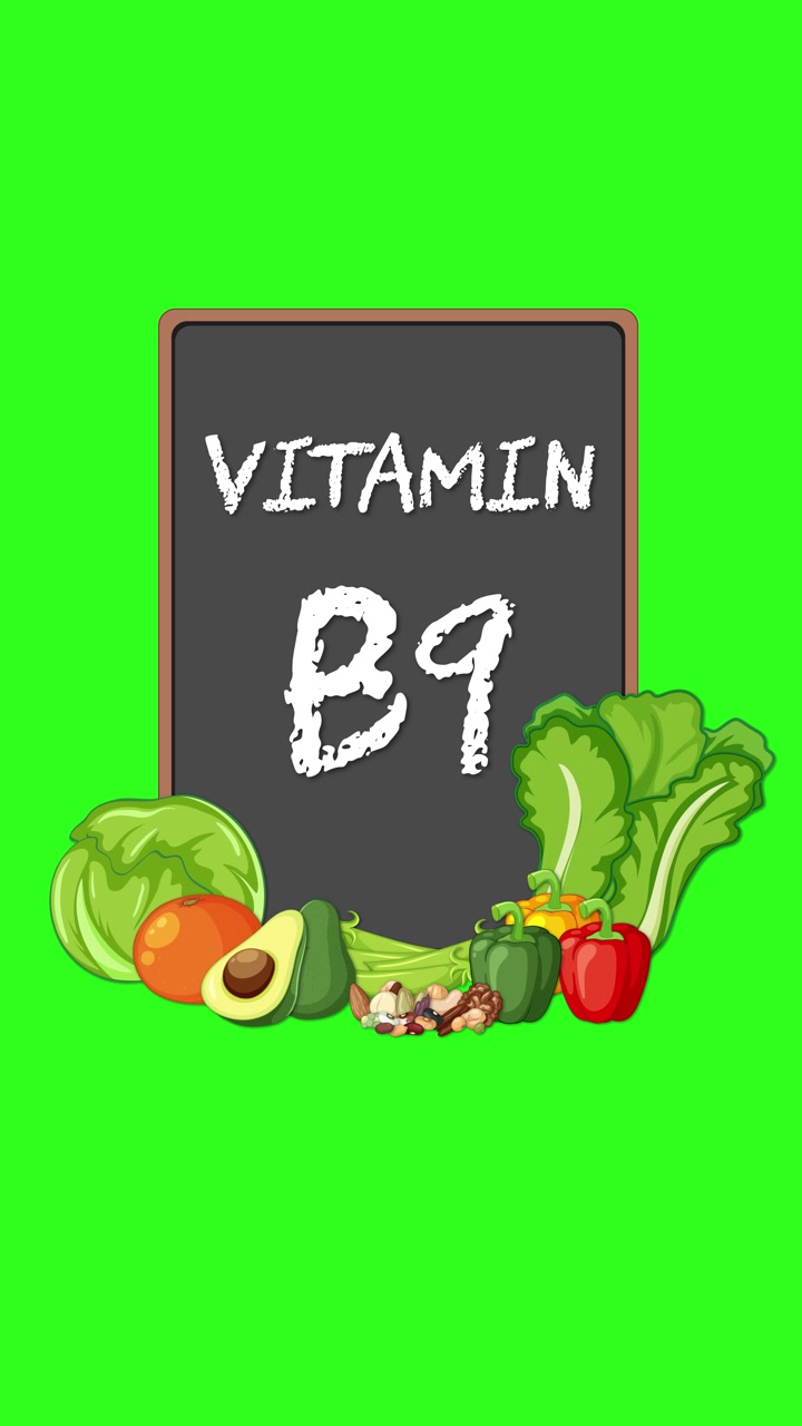 Lavagna animata con testo Vitamina B9, circondata da verdure illustrate, su sfondo verde brillante