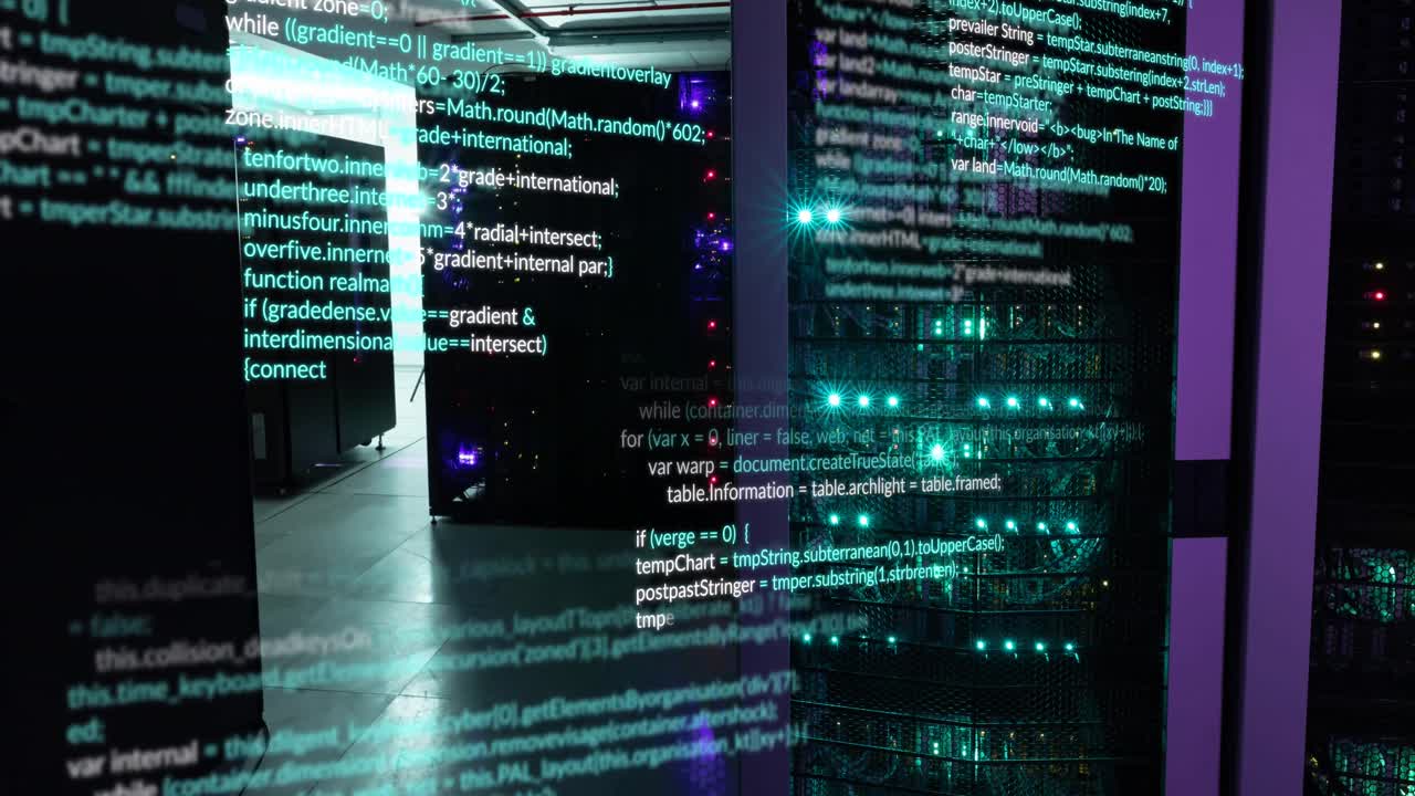 animação do processamento de dados contra uma sala de servidor de computador vazia