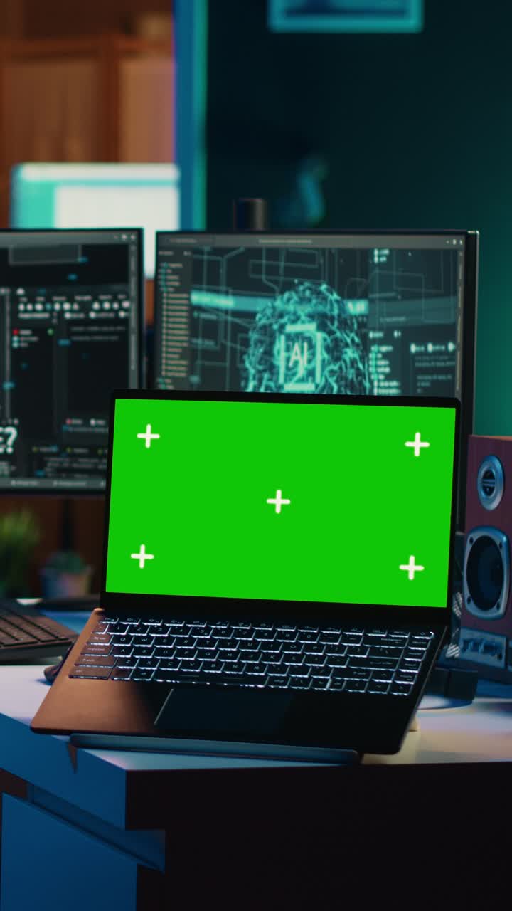 Laptop med grøn skærm på et skrivebord i et teknologi-kontor