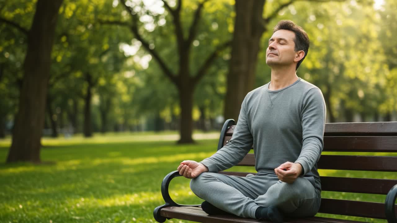 A Serene Moment of Mindfulness: A Man Meditates in a Lush Park, Embracing Peace and Tranquility Surrounded by Nature's Greenery