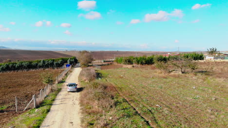 Drohnenaufnahme-Von-Ackerland-In-Istanbul,-Türkei,-Für-Ein-Auto,-Das-Das-Grüne-Feld-überquert