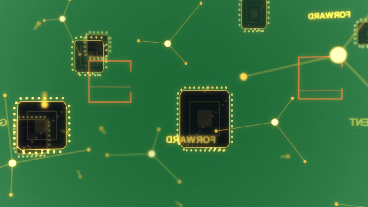 Kamera driver, chips pulserer, sender datagnister langs guldlinjer, viser netværk på gennemsigtig baggrund.