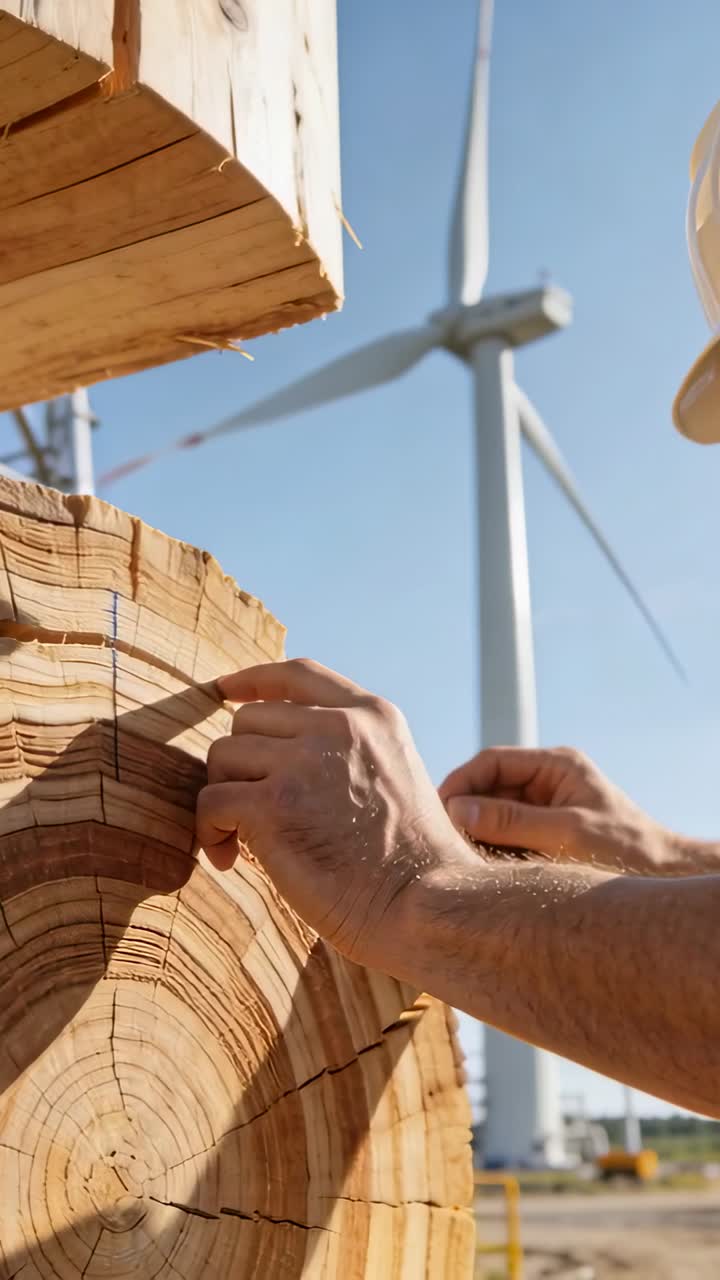 Vertikální video: S modrým perem pracovník v přilbě značí záznamové kruhy a vodicí čepy poblíž turbíny.