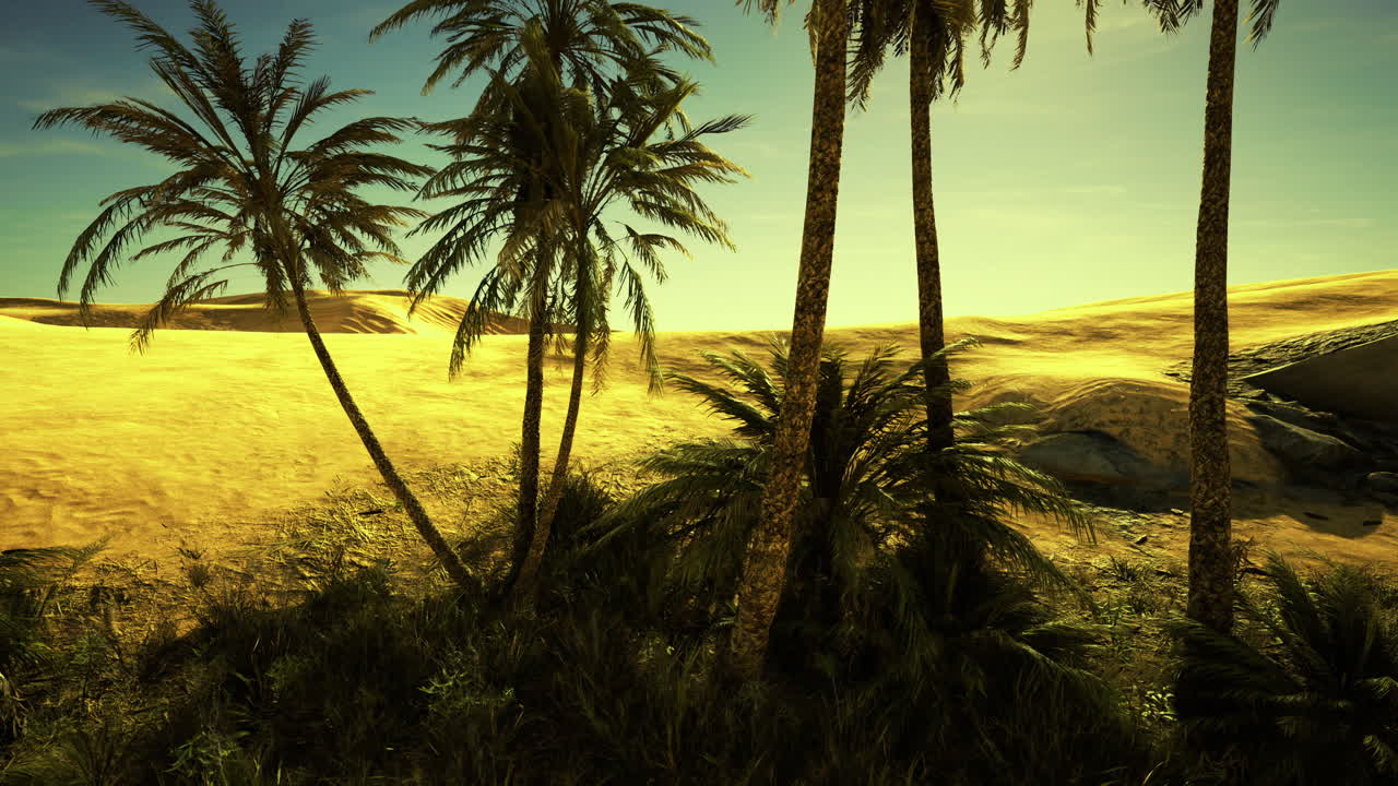 Serene desert oasis surrounded by tall palm trees under a bright sun