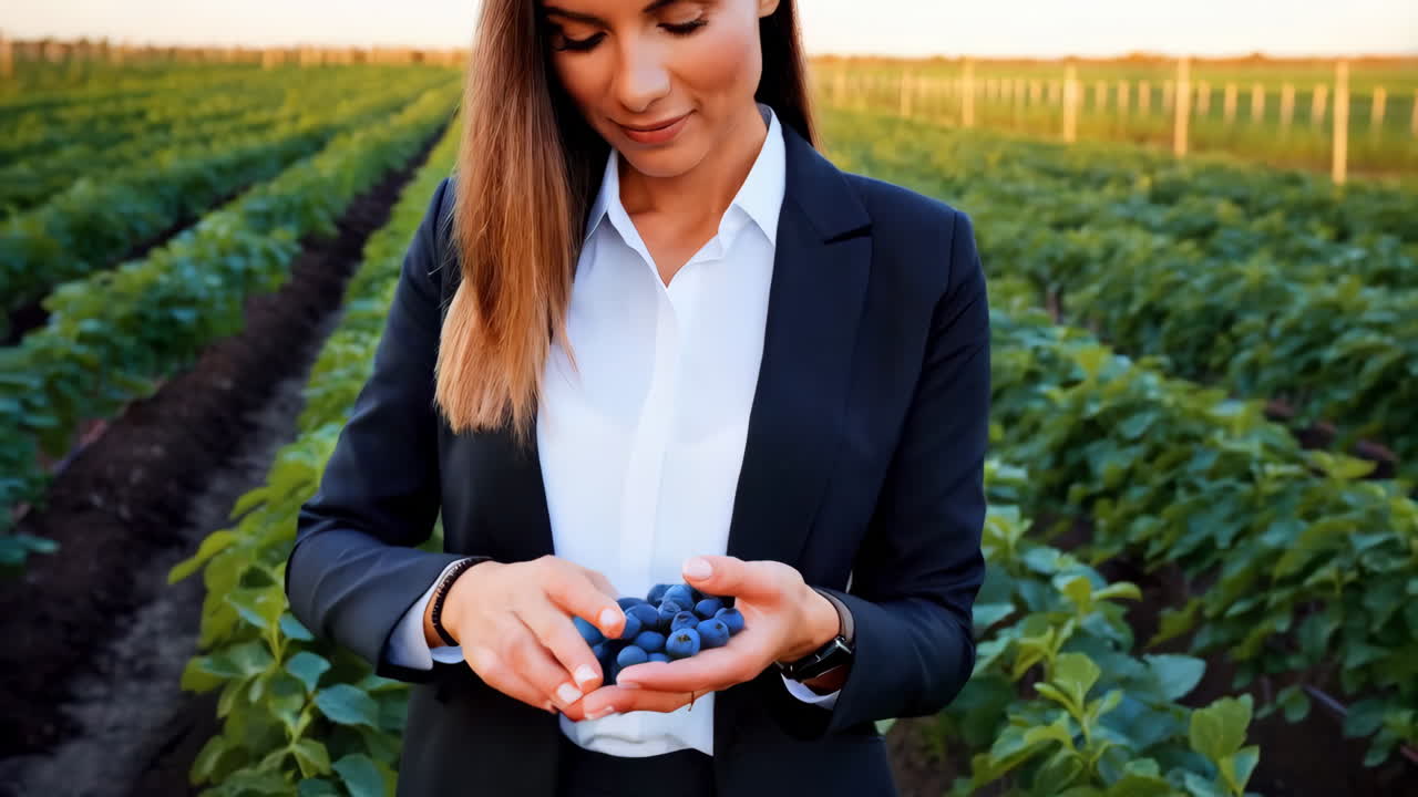 Empresária Inspecionando Mirtilos em um Campo