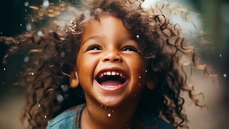 joyful child with curly hair laughing joyfully under a shower of colorful confetti, radiating pure happiness and embodying a carefree spirit in a vibrant, playful atmosphere