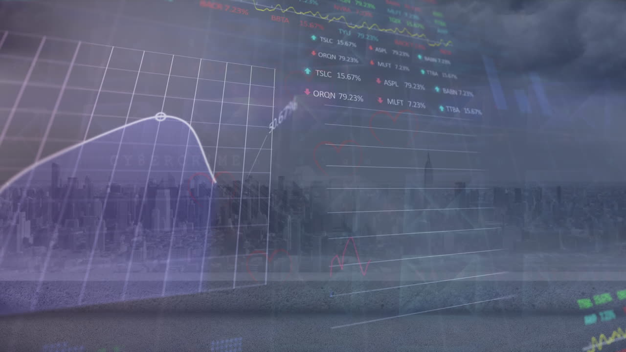 도시 풍경의 공중 전망에 대한 통계 및 증권 시장 데이터 처리의 애니메이션