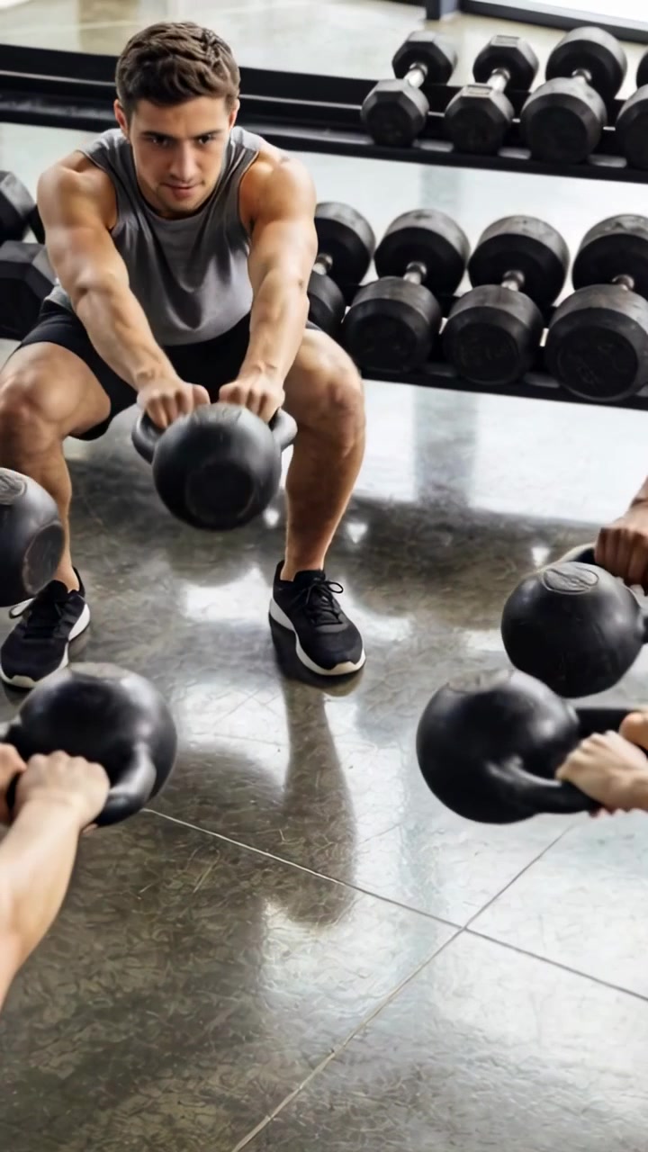 Vertikal video: Från knäböj, man driver höfterna och svingar kettlebell på gymmet, i grå topp för styrketräning