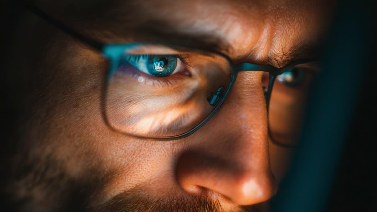 Intense Focus and Determination: Capturing the Moment of Deep Concentration as a Person Engages with Their Surroundings Displaying Intriguing Reflections in Their Glasses