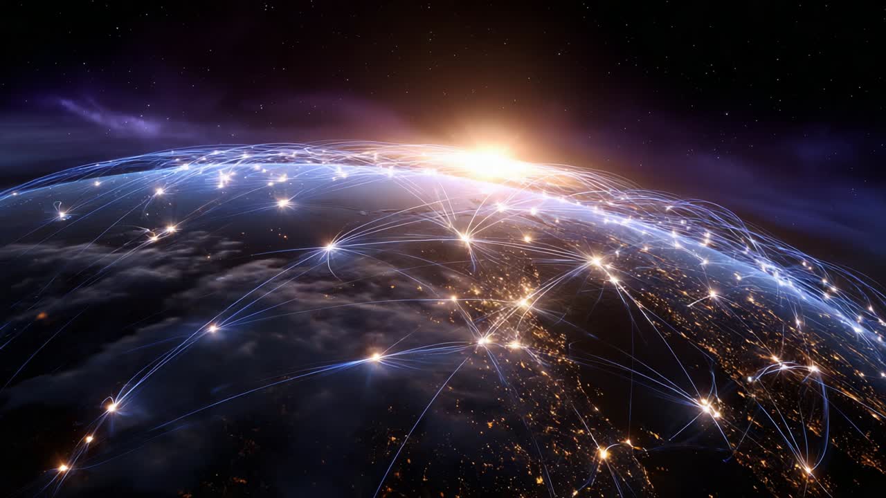 A Stunning Dual Frame Depiction of Earth from Space: Illuminated by Rising Sunlight, Showcasing a Network of Connectivity and Technology Below, With Beautiful Stars Illuminating the Space Around