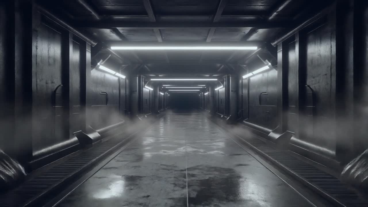 Mysterious Sci-Fi Corridor with Smoke and Bright Linear Lights