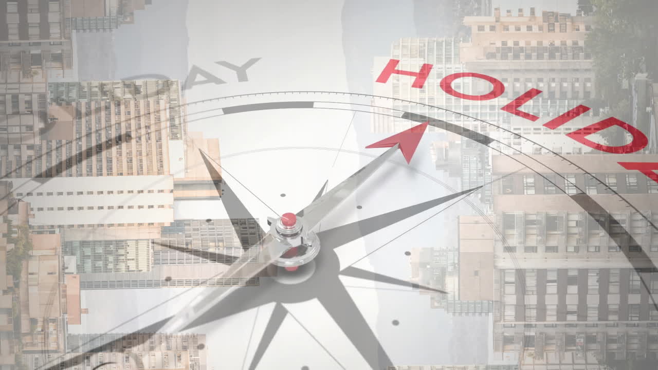Compass pointing towards holiday over cityscape with animation in background
