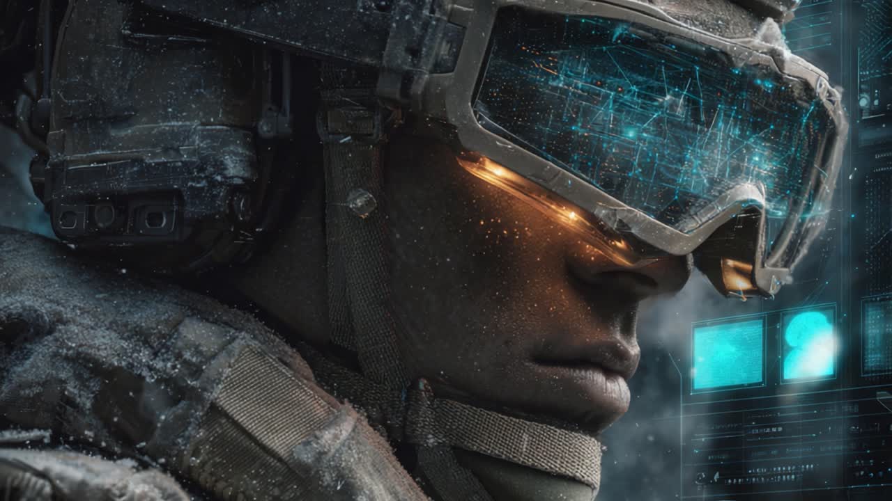Un soldato futuristico in equipaggiamento high-tech: esplorando l'intersezione tra tecnologia avanzata e strategia militare in un ambiente freddo.