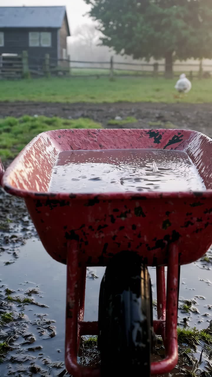 Waterlogged Wheelbarrow in a Misty Farm Setting