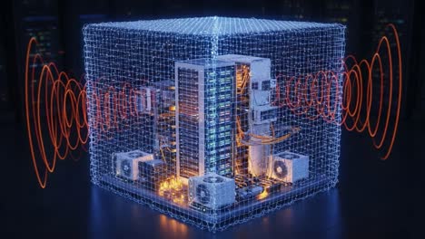 visualizing a high-tech data center with advanced cooling systems and energy flow, encased in a networked cube model for enhanced security and efficiency