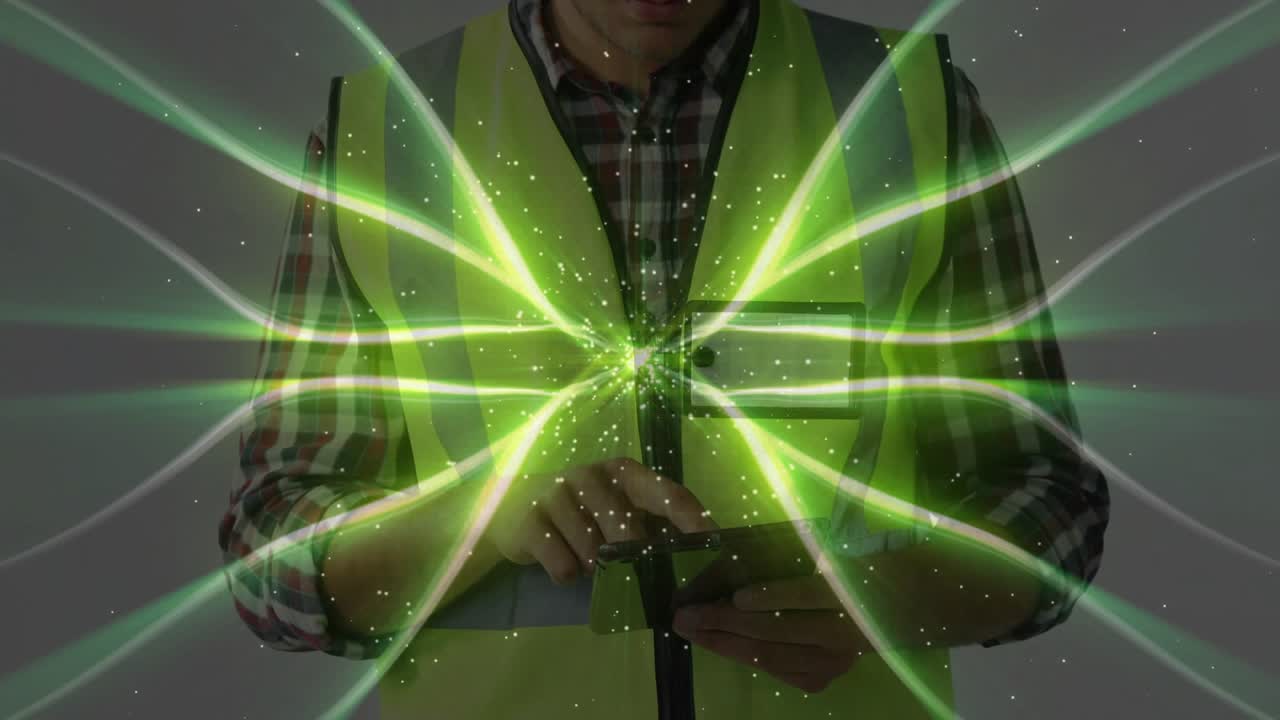 Man wearing safety vest tapping device in technology demo generating green network over chest