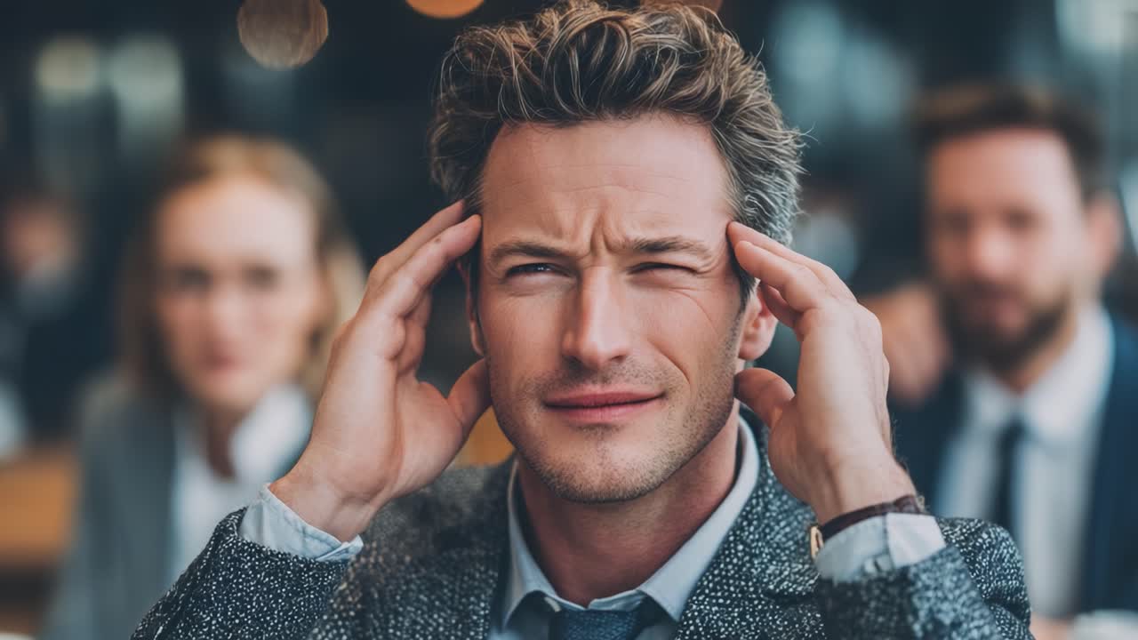 A Tense Moment Captured: A Man Struggling with Stress and Discomfort in a Busy Environment, Highlighting the Challenges of Modern Life in Social Settings