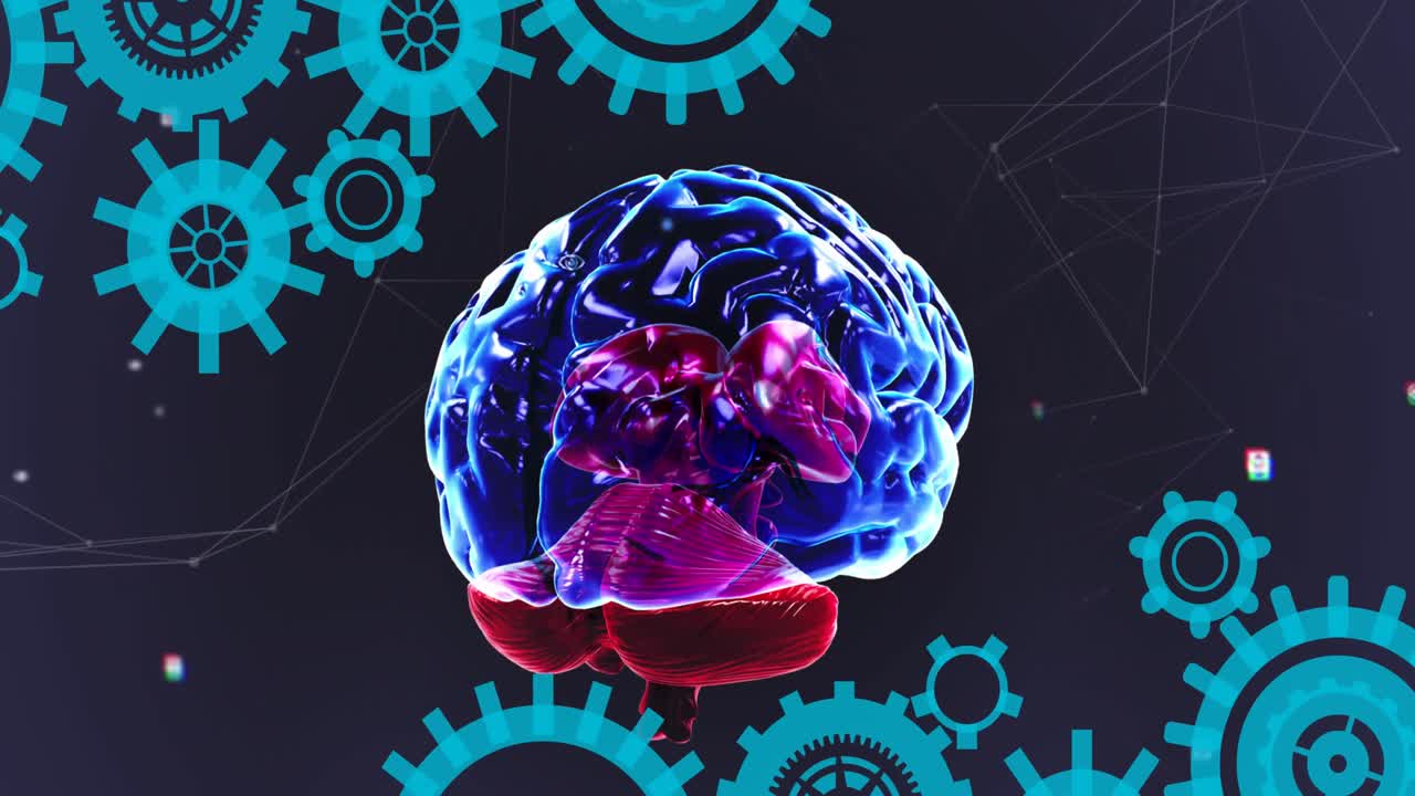 animación del cerebro rotando sobre un fondo marino con puntos y engranajes