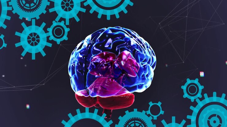 Animation of brain rotating over navy background with dots and cogs