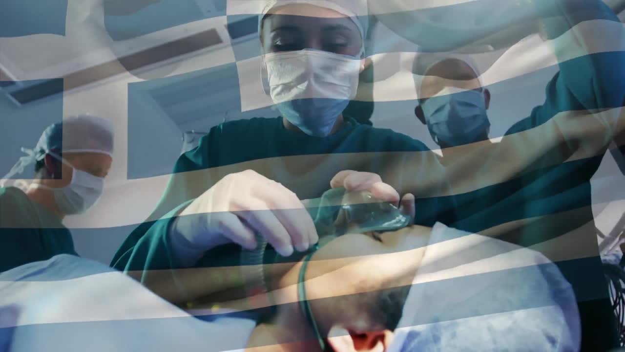 animación de la bandera de grecia ondeando sobre los cirujanos en el quirófano