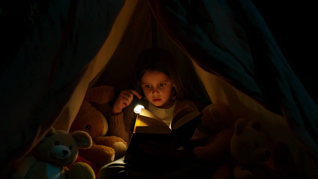 Girl Reading By Flashlight Inside Tent, Surrounded By Stuffed Teddy Bears And Pillows, Warm Amber Glow
