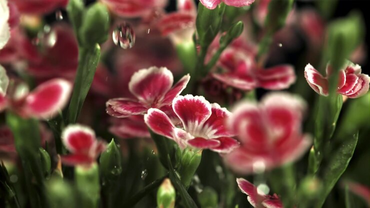 Wassertropfen fallen in Zeitlupe auf leuchtend rosa Blumen