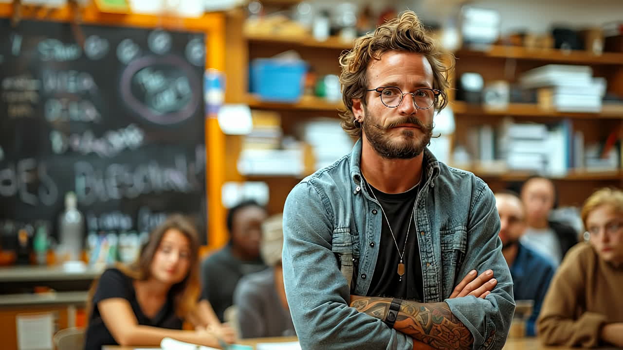 L'insegnante è in piedi davanti alla classe. Un insegnante interagisce con un gruppo di studenti in un'aula scolastica. Gli studenti sono concentrati sulla lezione.
