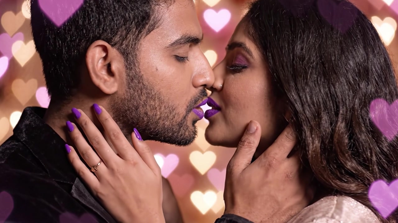Un momento romantico catturato nel tempo: due innamorati si fronteggiano, incarnando amore e connessione su uno sfondo sognante pieno di forme a cuore.