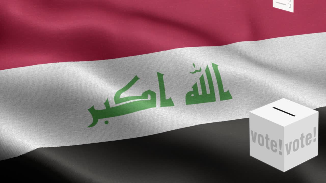 Ballots fly to box for Iraq selection - Ballot box in front of flag - Election - Vote - Flag Of Iraq - Iraq Flag High Detail - National flag Iraq wave Pattern loopable Elements - Fabric texture and endless loop