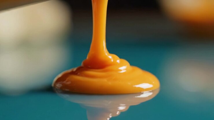 A Close-Up View of Smooth, Creamy Orange Liquid Trickling and Pooling on a Reflective Surface in a Culinary Context, Evoking Sensory Appeal and Texture.