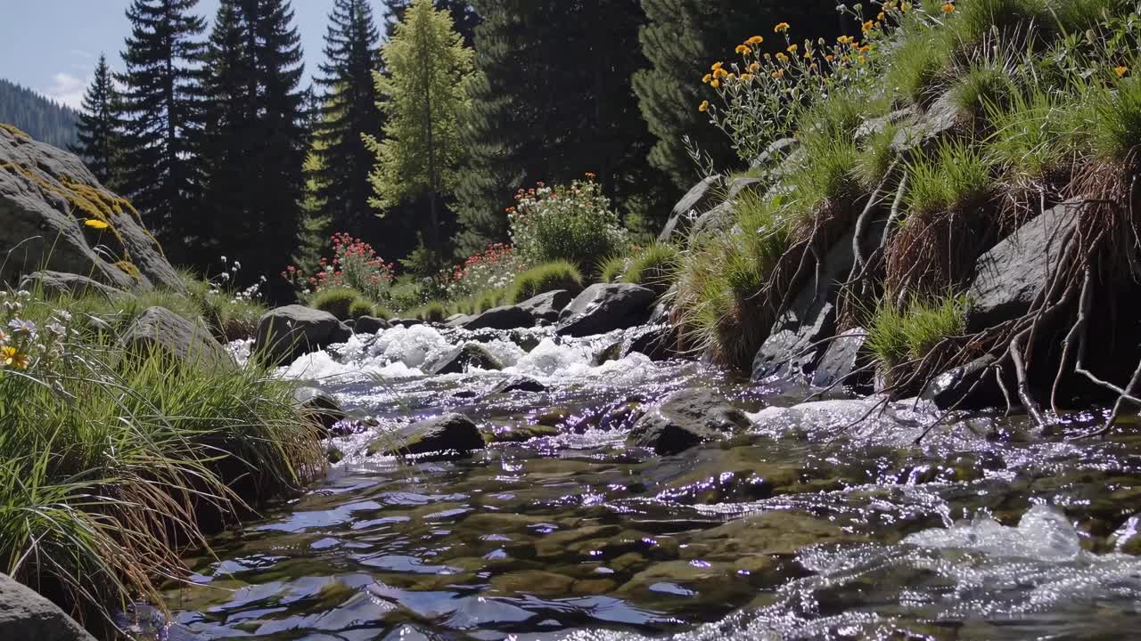 En fredfyldt naturvideo fanger et lavvinkelperspektiv af en strømmende bæk, omgivet af frodigt grønt.
