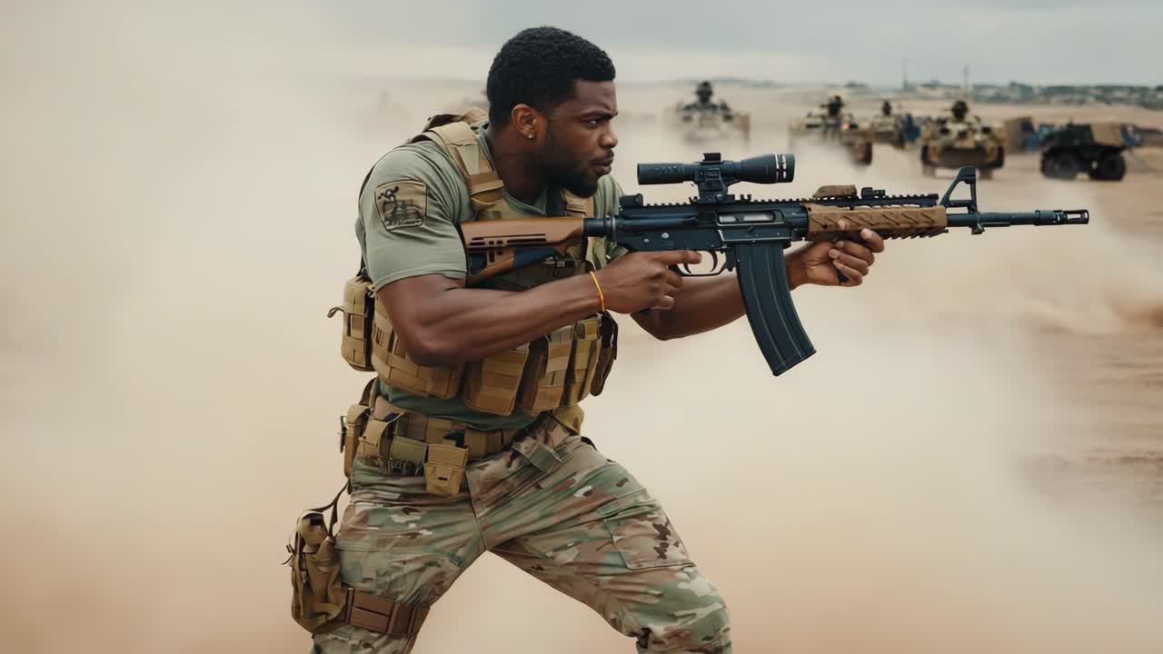 Soldier in combat with rifle in the desert