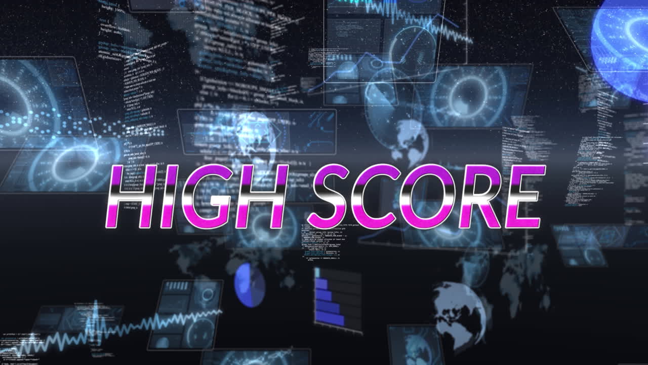Animation of high score text and data processing on black background