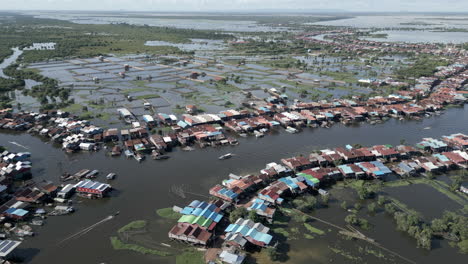 flooded plains stretch endlessly as stilted homes cluster along waterways in tonlé sap, cambodia