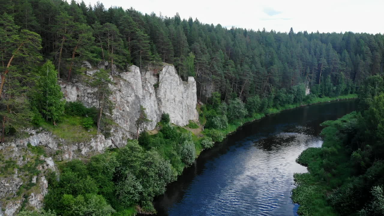 River flowing through a forest with rocky cliffs