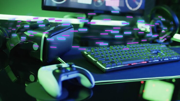 Animation of neon light trails over video game computer equipment