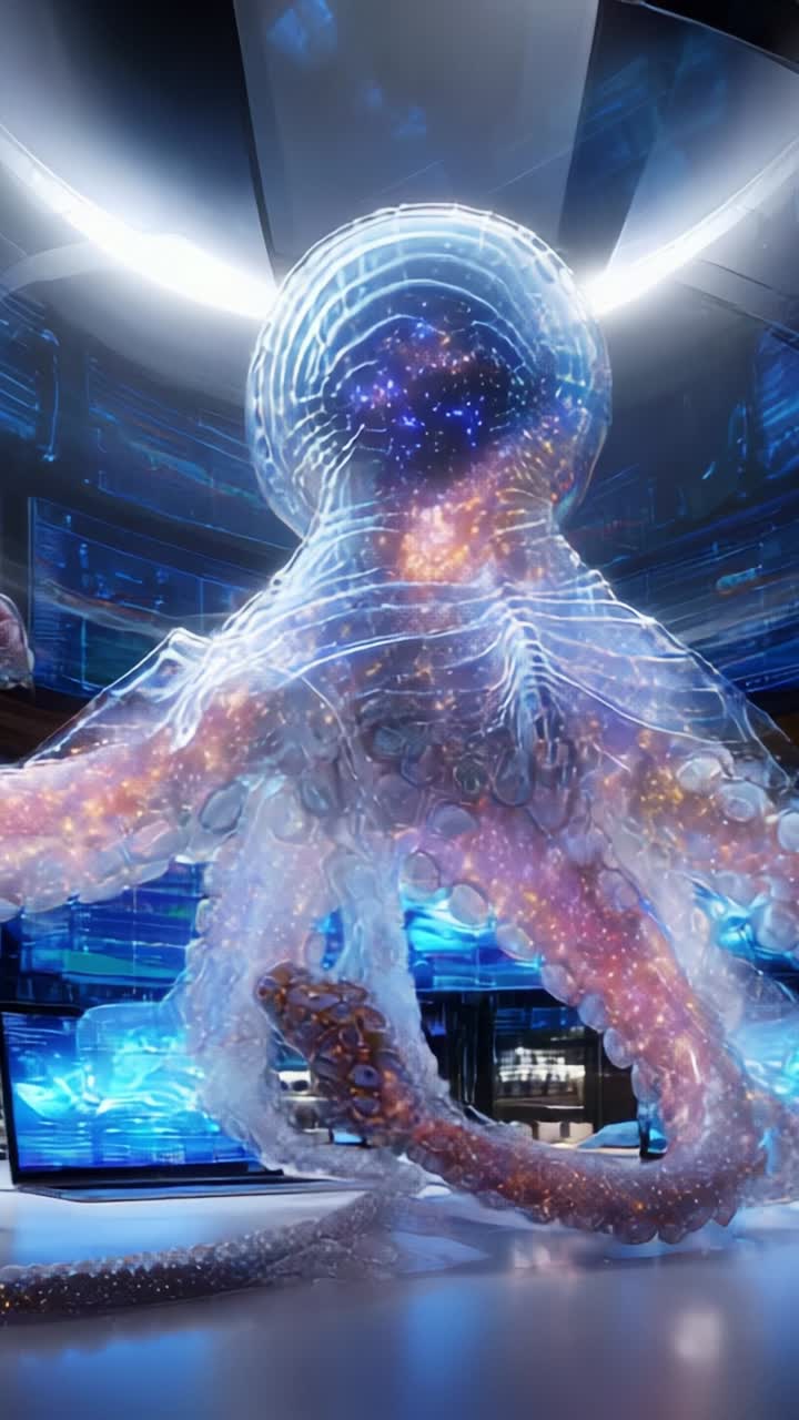 A mesmerizing celestial octopus creature fills the sci-fi environment with vibrant colors and luminous textures, captivating with its ethereal presence and cosmic design