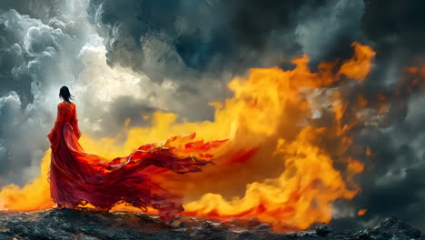 fiery dance of a figure in red against a stormy backdrop