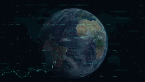 Animation-Des-Globus-über-Datenverarbeitung-Und-Diagramme-Auf-Schwarzem-Hintergrund