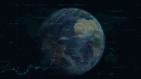 Animation-of-globe-over-data-processing-and-diagrams-on-black-background