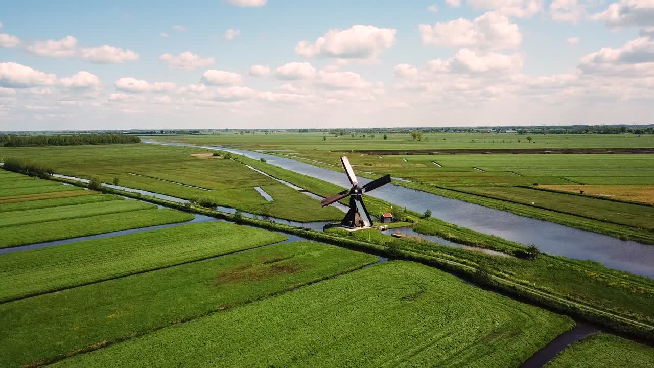 밀을 향해 날아가는 네덜란드 풍경의 전통적인 풍차