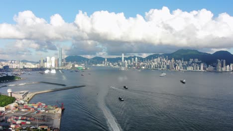 hong kong bay and skyline on a beautiful day, aerial view