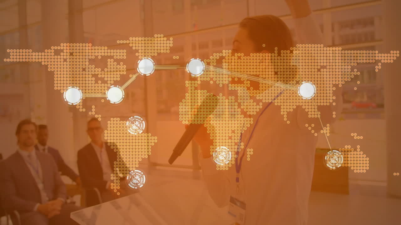woman presenting at business conference, with animated orange digital map linking global nodes