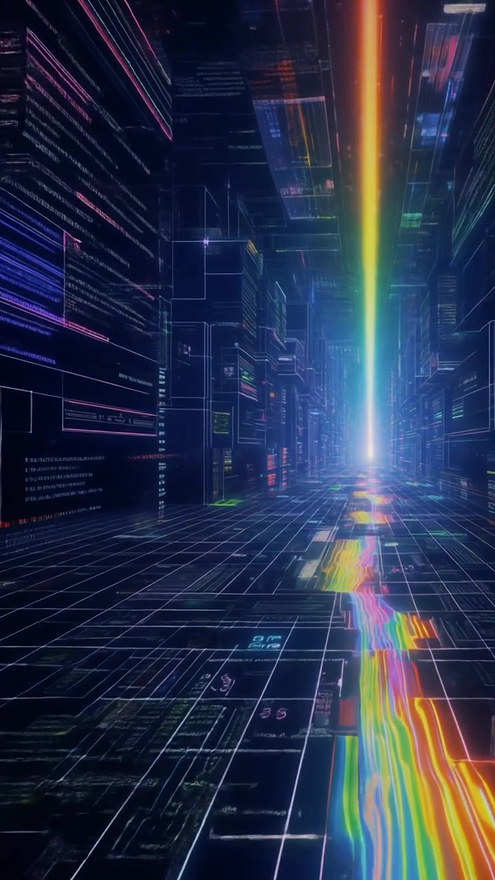 Futuristic Digital Corridor with Glowing Rainbow Data Streams